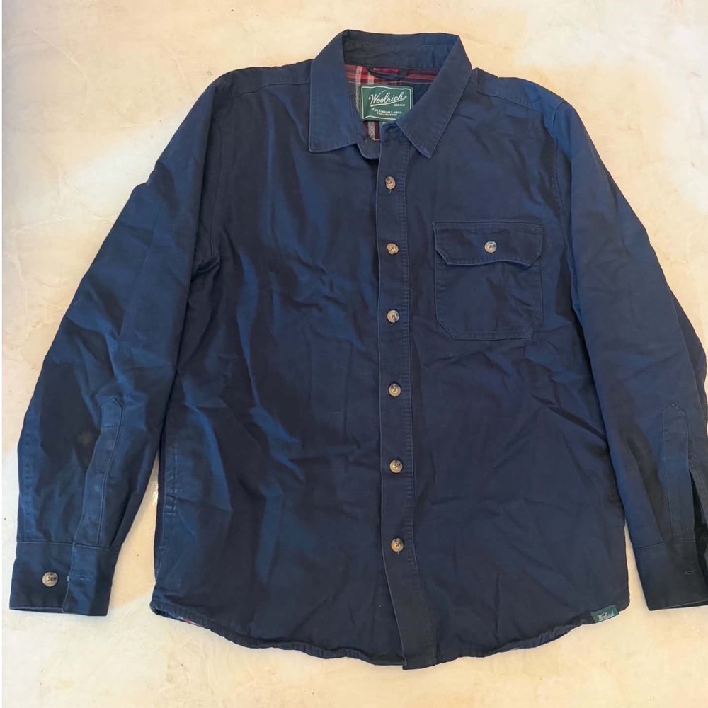 Woolrich Green Label Mens Navy Blue Flannel Lined Canvas Shirt Jacket Medium